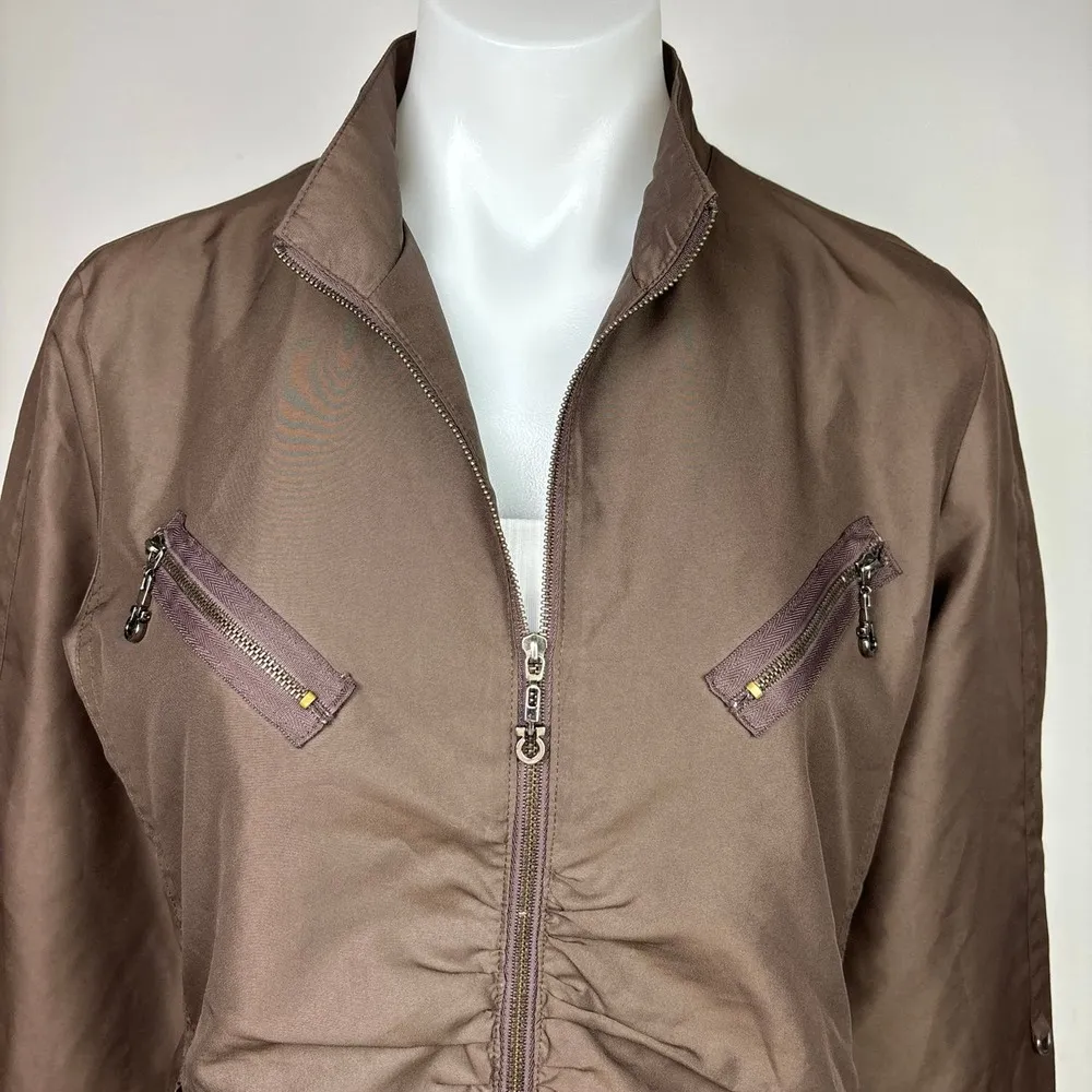 Black Vintage Brown Ruched Zip Up Pockets Collar Flight Utility Bomber Jacket M Size M - Image 6