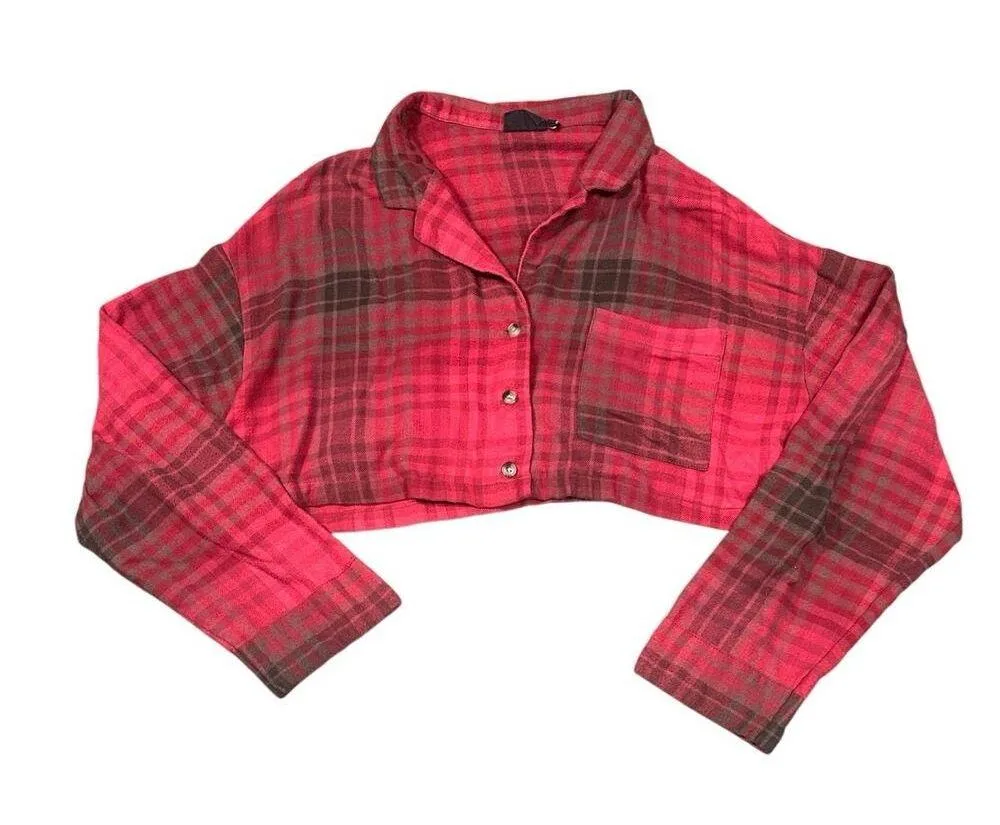 Out From Under Urban Outfitters Red Plaid Cropped Flannel Shirt Size Small - Image 3