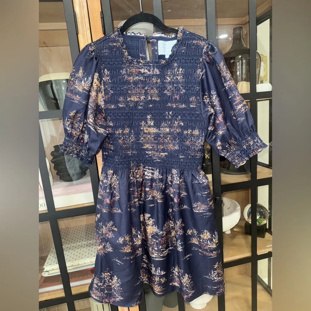 Hill House dress Vivi Print High Neck Puff Sleeve Navy Equestrian Toile smocked - Image 2
