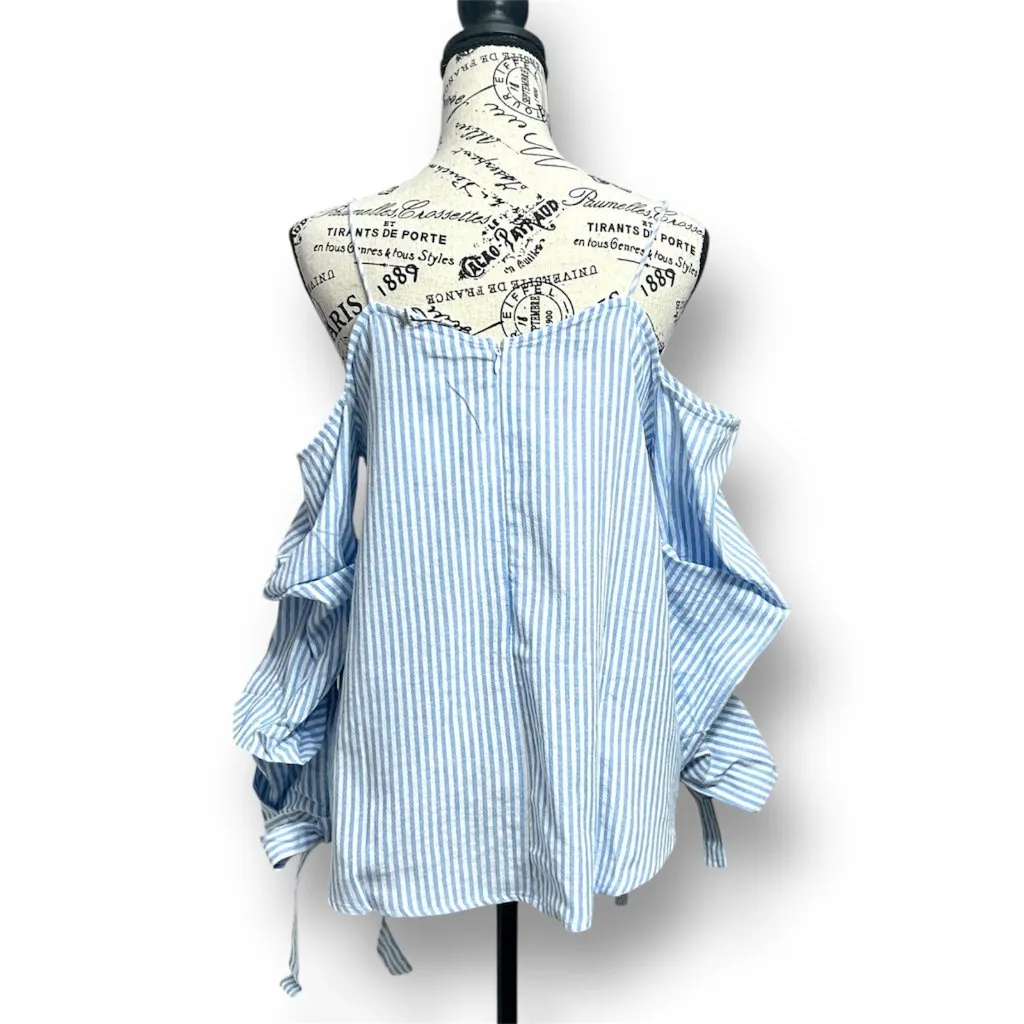 After Market S Blue White Cold Shoulder Striped Peasant Cottagecore Blouse NWT - Image 6