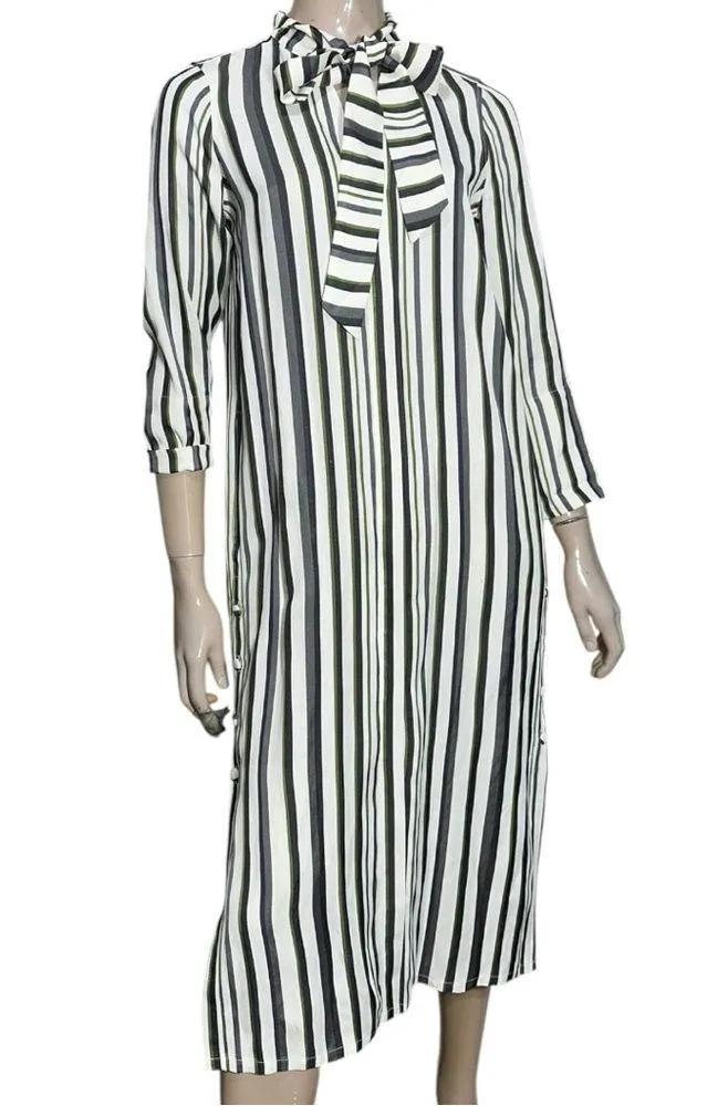 AYR Women’s Size XS Cream Green Black Striped Tie Neck Button Down Midi Dress - Image 2