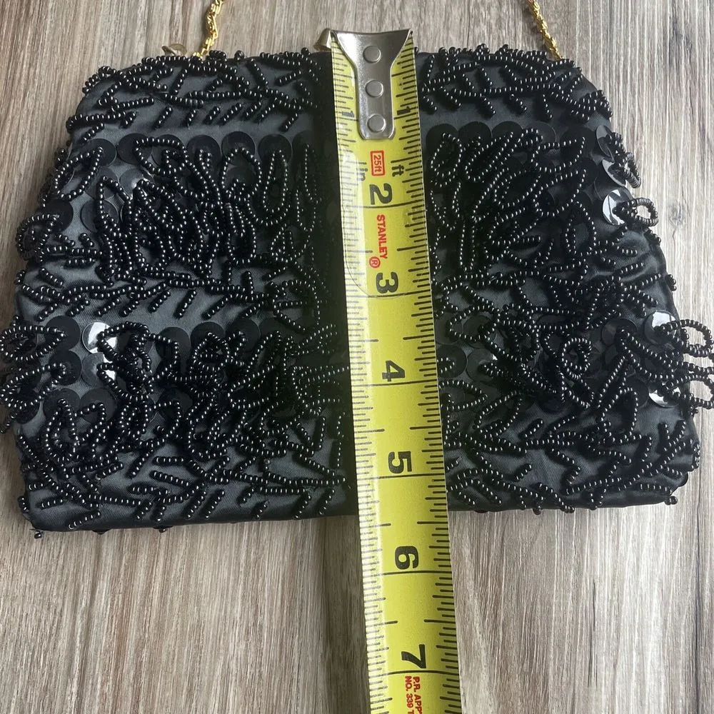 Clutch Bag Black‎ Beaded Evening Purse Hong Kong MCM Kiss Lock Gold Chain Vtg Black - Image 8