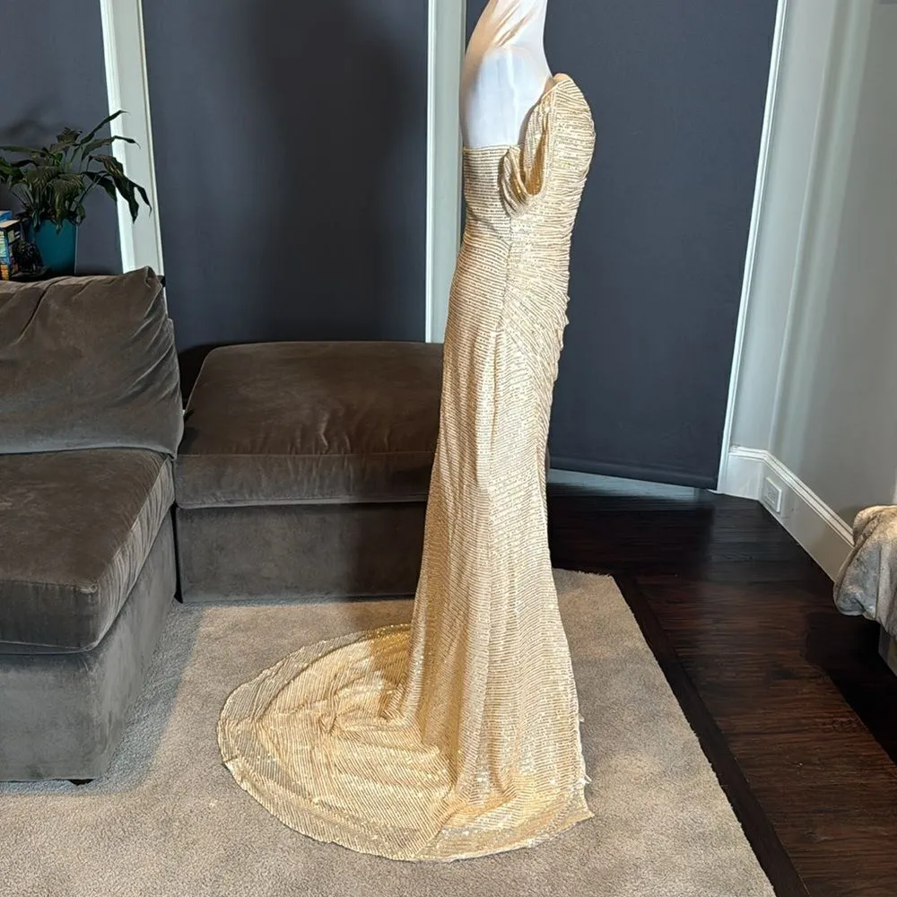Women’s Gold Sequined Off the Shoulder Prom Party Dress Leg Slit Zip Back Size 2 - Image 4