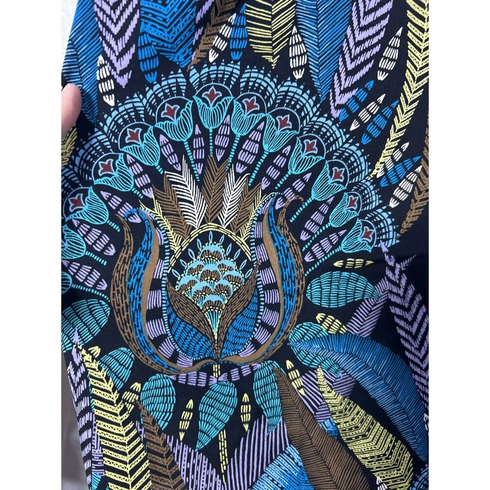 Bob Mackie Top 2X Black Blue Purple Feather Print 1/2 Zip Satin Tribal Peacock - Image 5