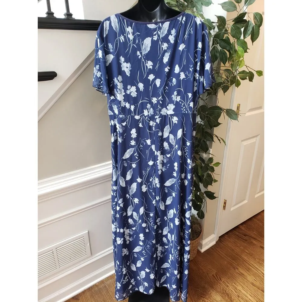 Long Maxi Dress Womens 2XL Blue Floral Lined Short Sleeve Round Neck Lace Insert Size XXL - Image 13