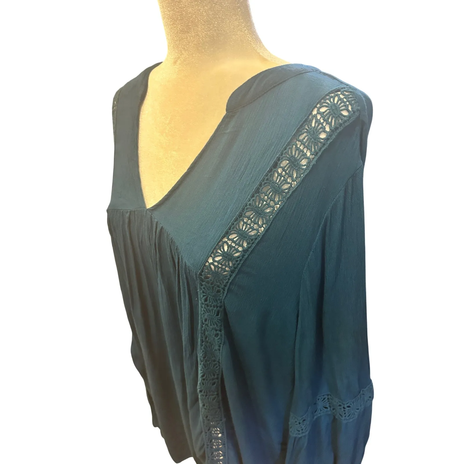 Boho Tunic Top, Blue Long Sleeve Peasant Blouse with Lace Trim,‎ Flowy - Image 2