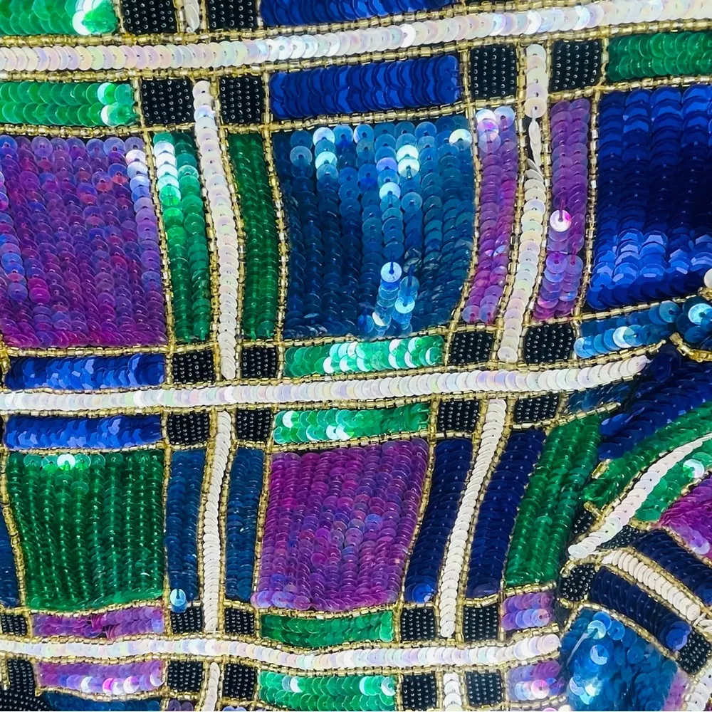 Vintage sequin / silk color block shiney blazer jacket unique era style shirt Blue - Image 11