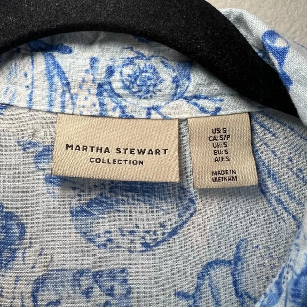 Martha Stewart Linen Blend Shirt Dress Blue White Beach Shells Midi Womens Small - Image 4