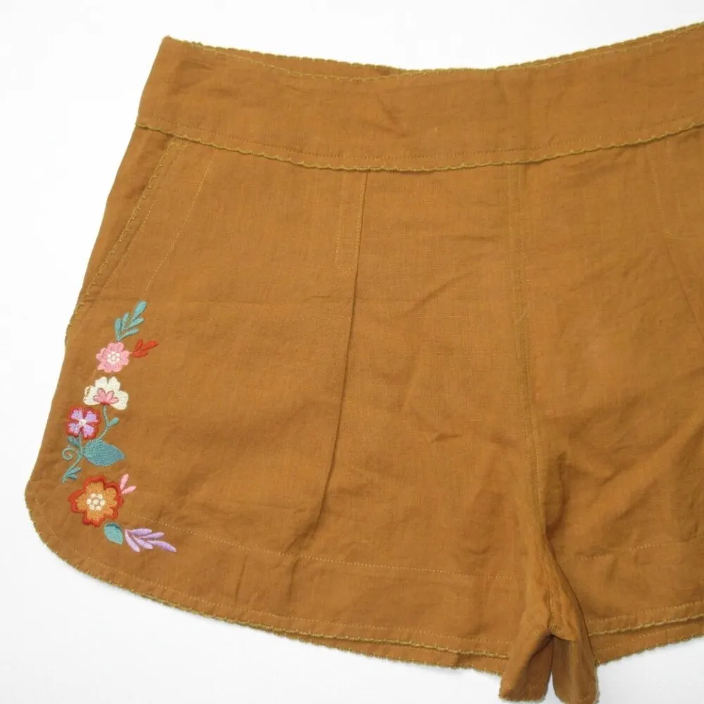 NWT Sezane Carmen Short in Ocre Embroidered Linen Cotton Pleated Shorts 42 / 10 - Image 6