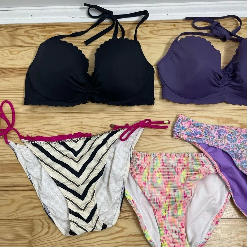 Victorias Secret Bikini Swimsuit Lot Tops Bottom 34D Medium M Large Print Halter - Image 5