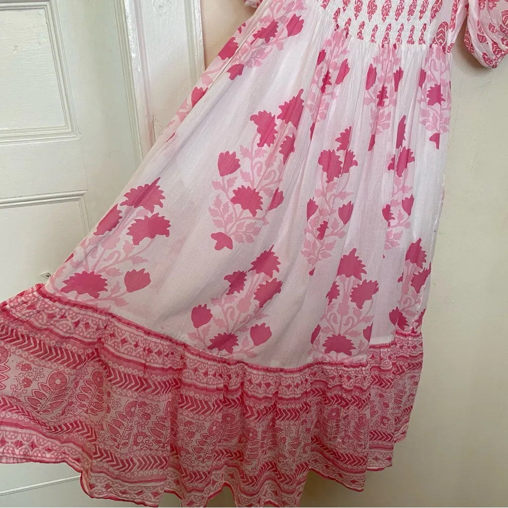 OLIPHANT Floral Block Print Puff Sleeve Midi Dress Jaipur Pink/White Small READ White - Image 13