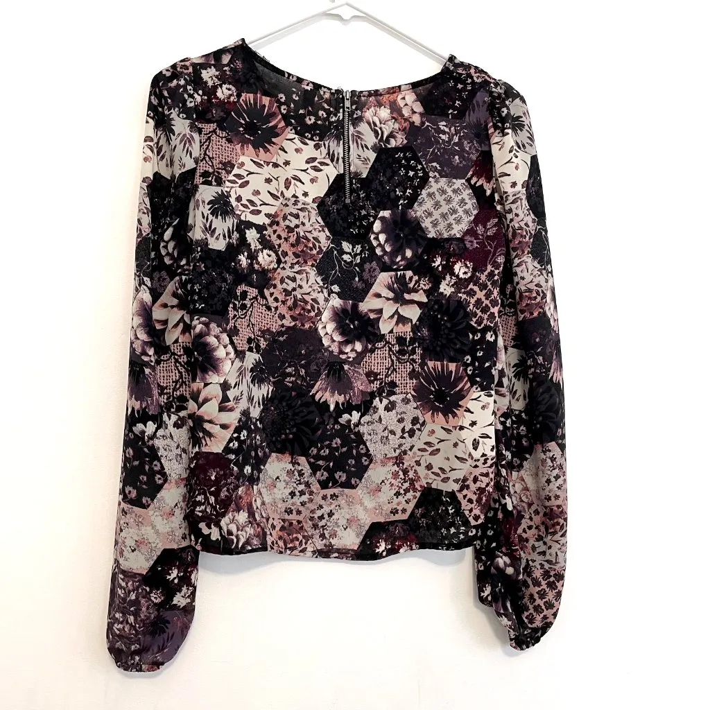 XHILARATION Cream Ivory Black Pink Floral Geometric Patchwork Long Sleeve Blouse - Image 11