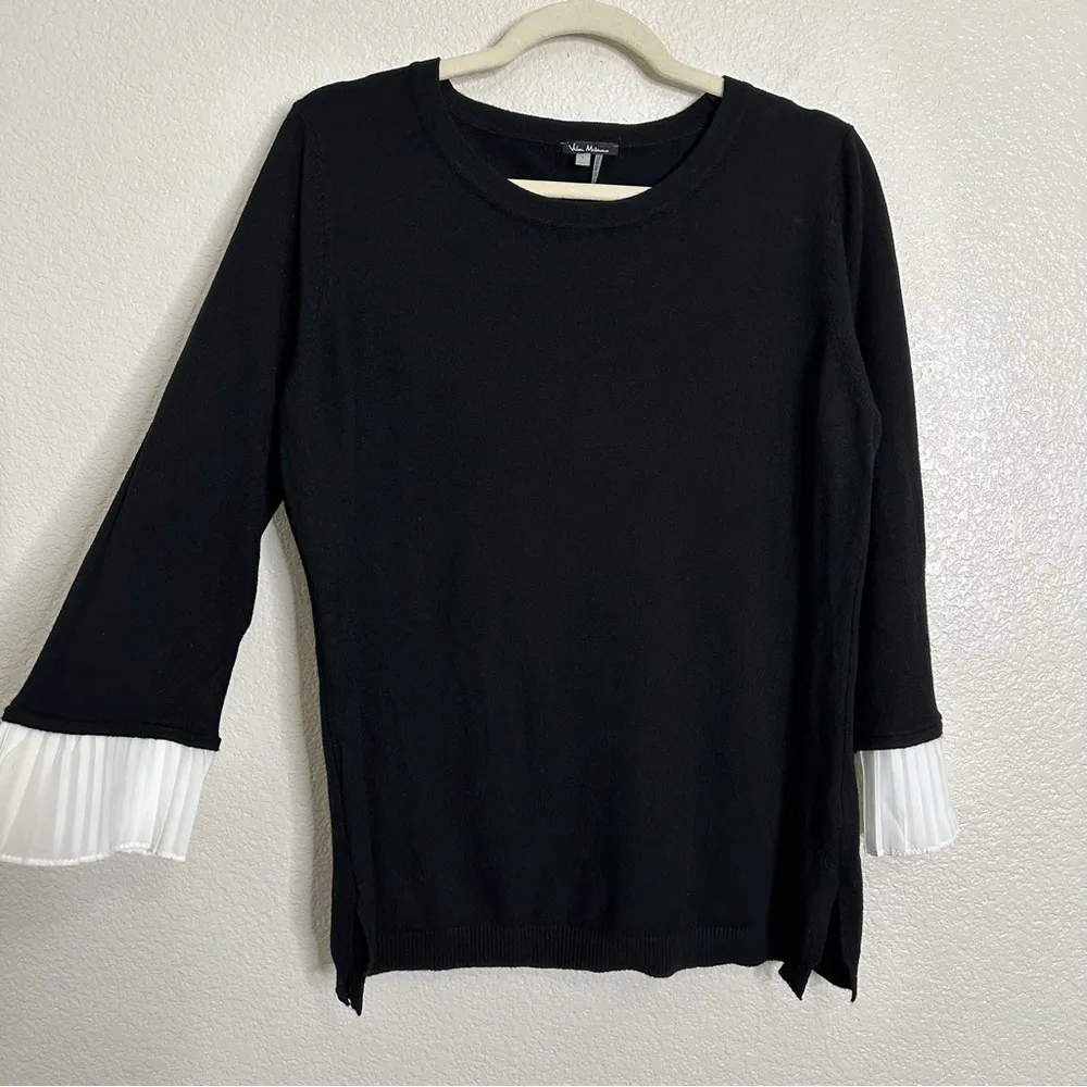 Vila Milano Wool Blend Black Knit Pleated Chiffon Cuffs Sweater, Sz Large - Image 2