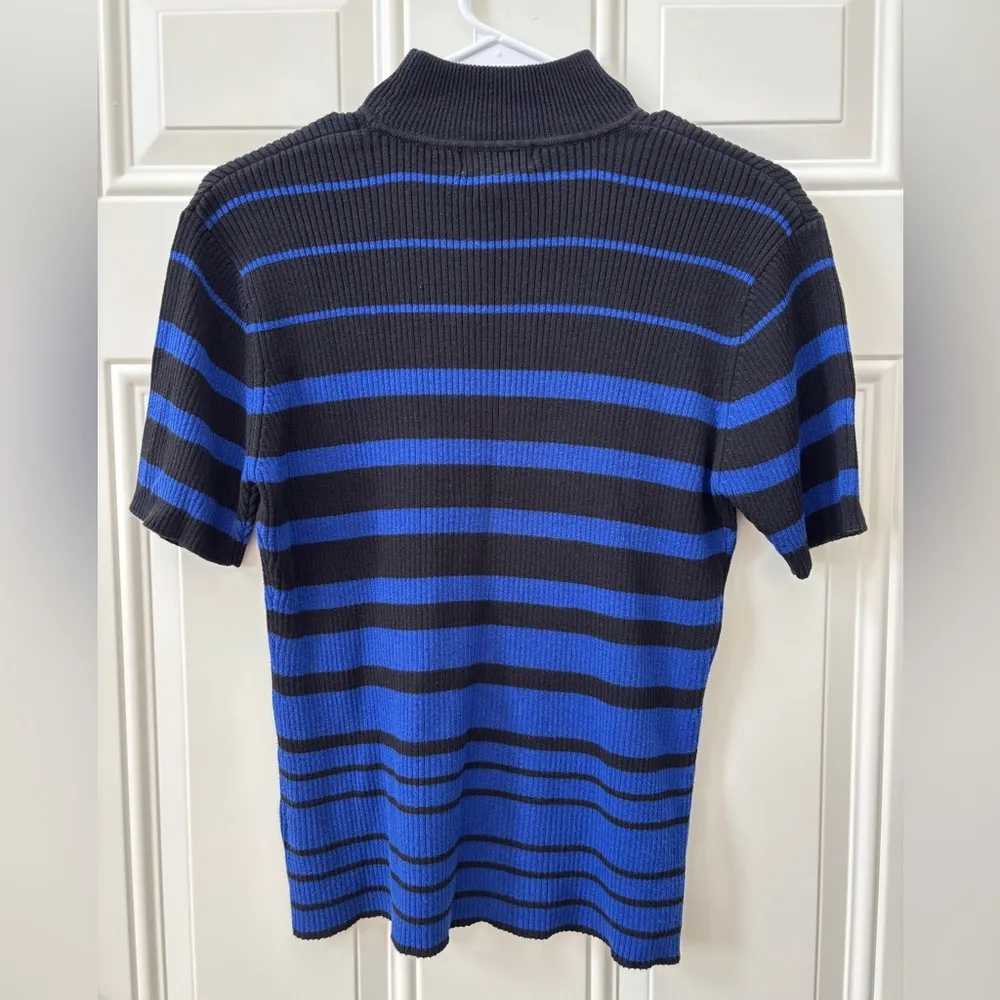 Yarnworks Blue & Black Striped Mock Neck Short Sleeve Knit Sweater Top Size M Size M - Image 4