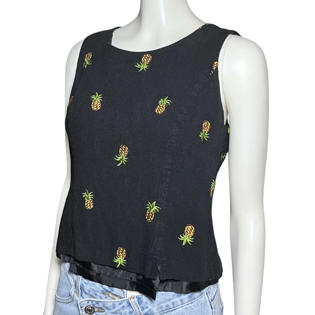 Vintage Black Embroidered Pineapple Tank Top Linen Cotton Blend Petite S/M Retro - Image 2