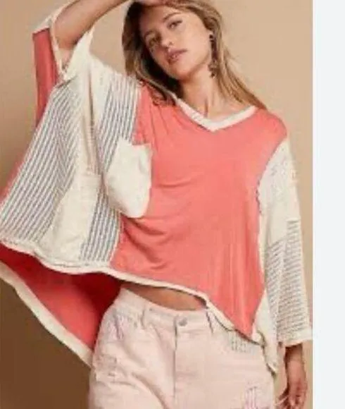 POL High Low Contrast V Neck Salmon Pink and Cream Open Knit Top Large BOHO - Image 2