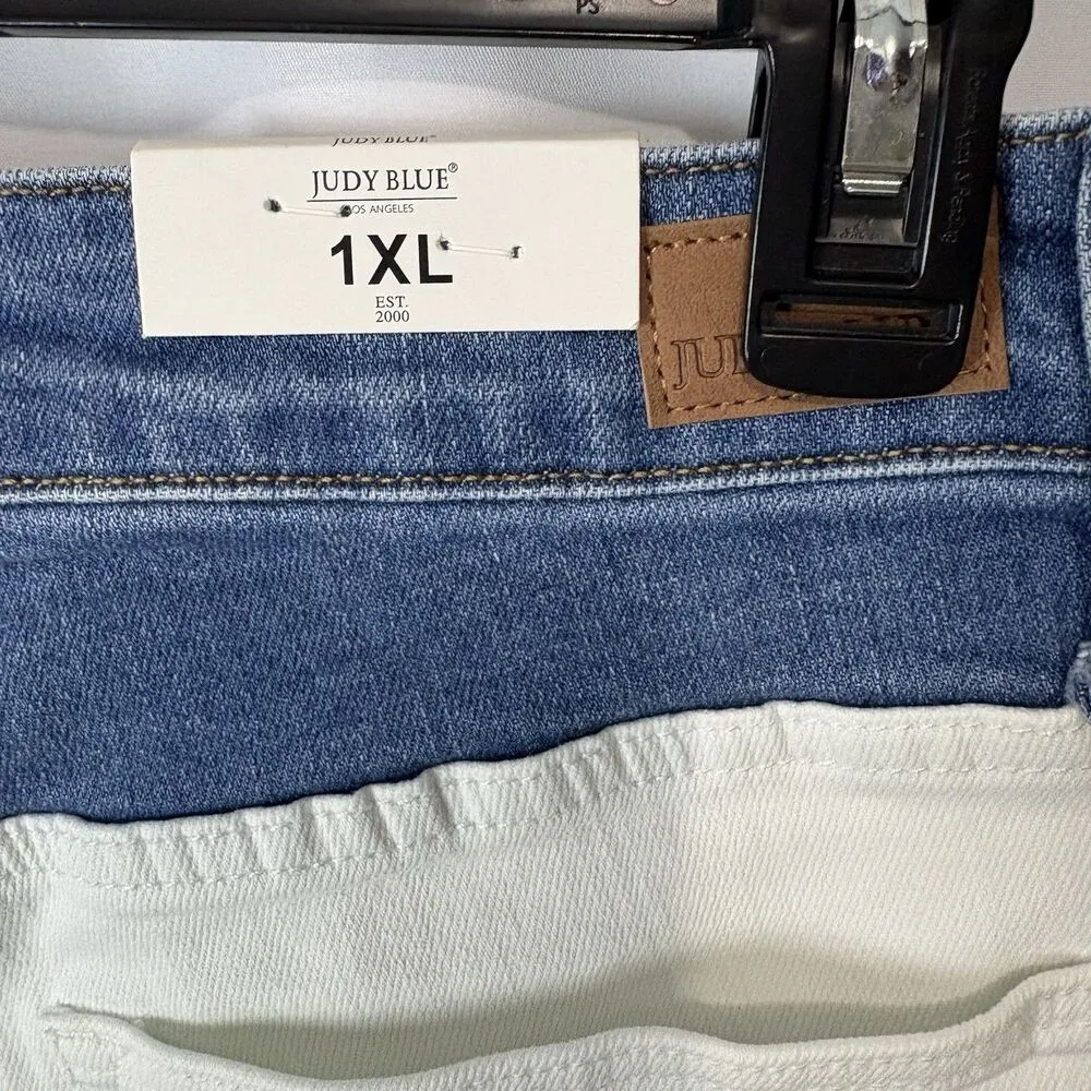 Judy Blue High Waist Ecru Blue Contrast Shorts 1XL Stretch Denim New - Image 6
