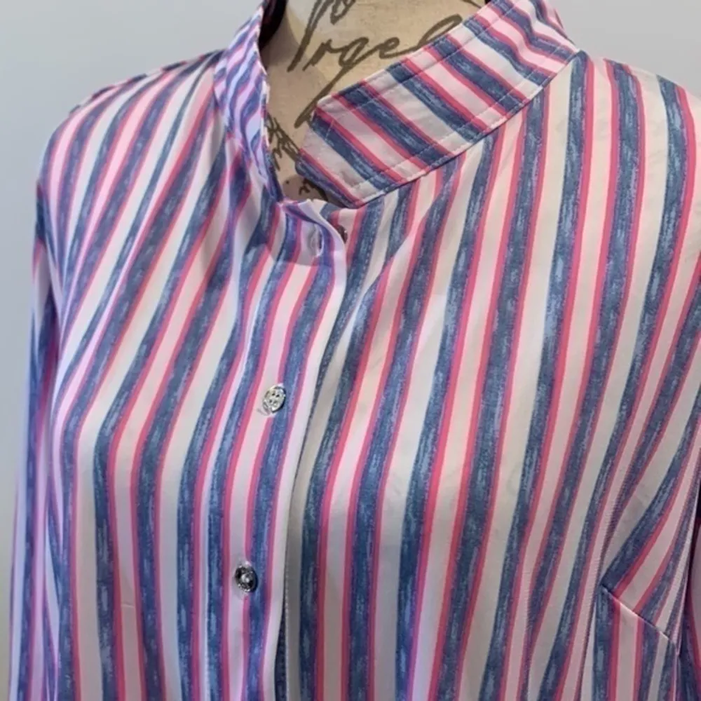 Nygard stretch striped button front tunic top roll tab sleeves size large - Image 2