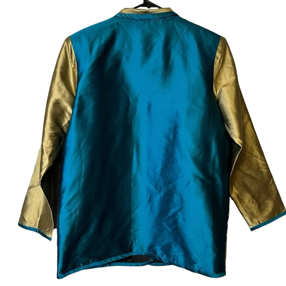 Koos Of Course Asian Inspired Silk Jacket Teal Tan Paisley‎ Art to Wear Medium Blue - Image 6