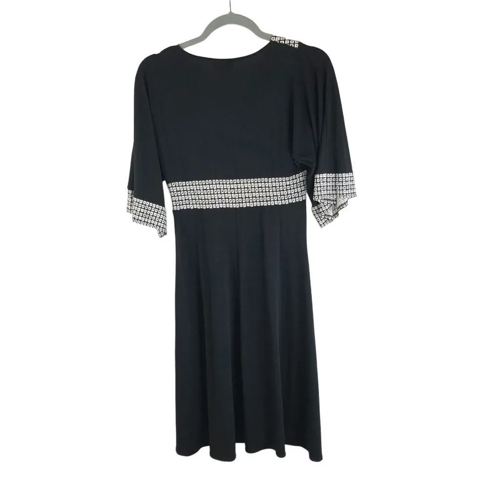 Donna Morgan Womens Empire Waist Dress Square Print V-Neck 3/4 Sleeve Black 6 - Image 2