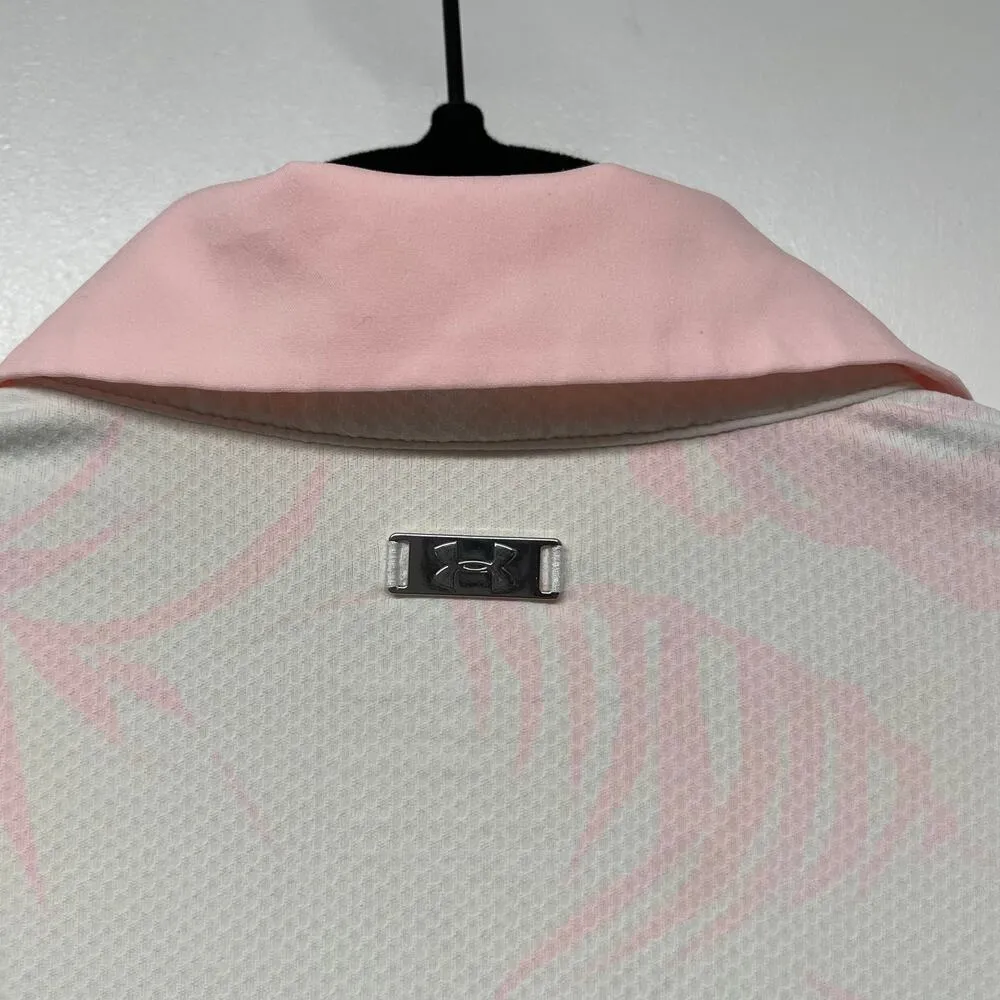 Under Armour Women Iso Chill Polo White Pink Palm Frond Dry Fit Fitted Medium - Image 4