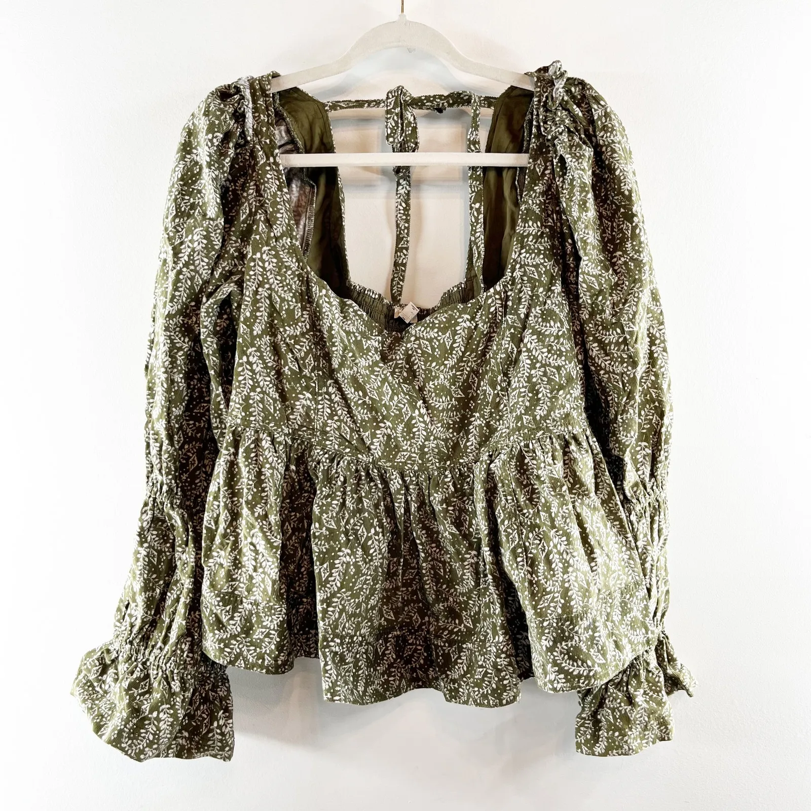 Pilcro Anthropologie Long Sleeve Square Neck Corduroy Peplum Top Green XL - Image 4