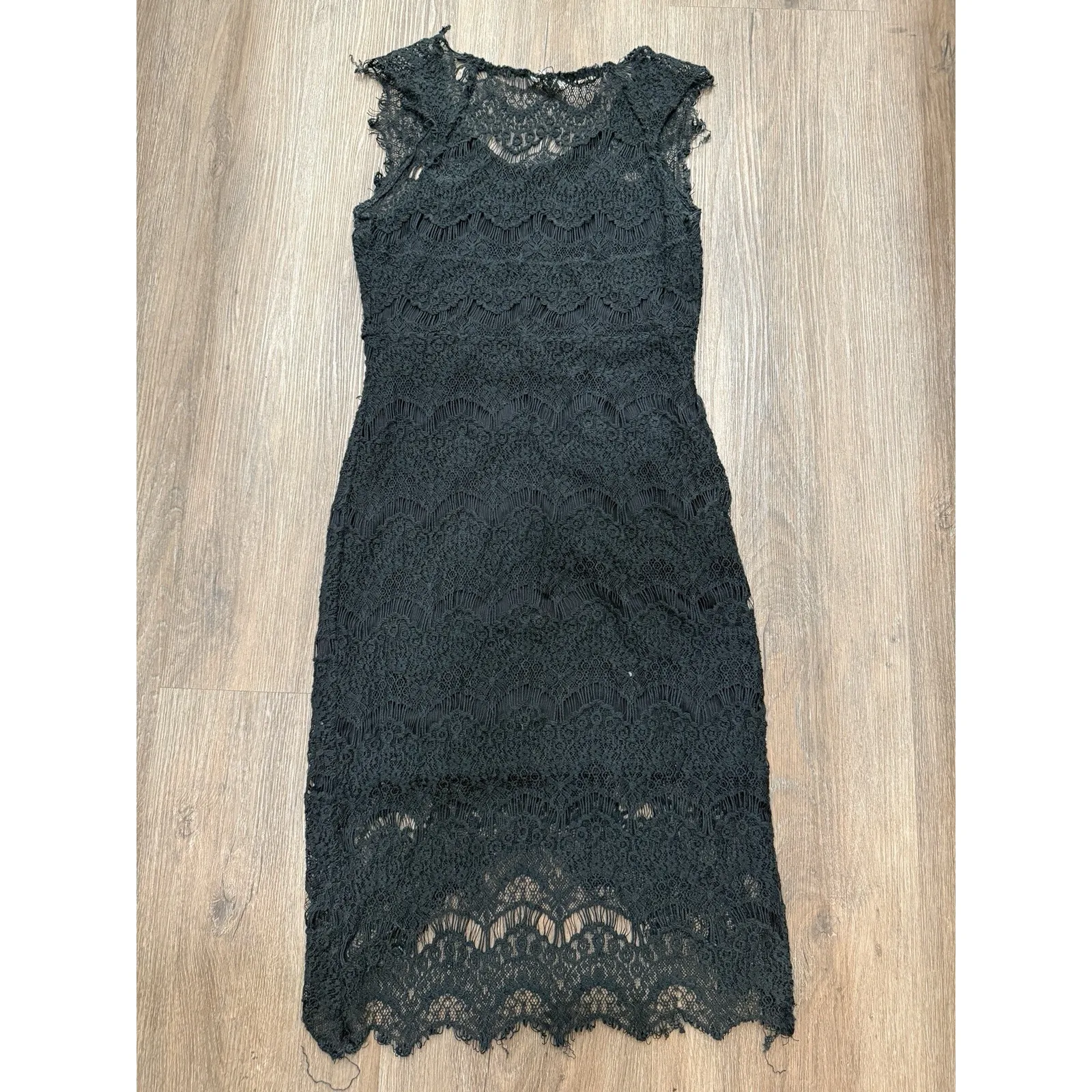 Free People Black Lace Slip Peekaboo Scalloped Round Neck Sleeveless‎ Dress  S - Image 2