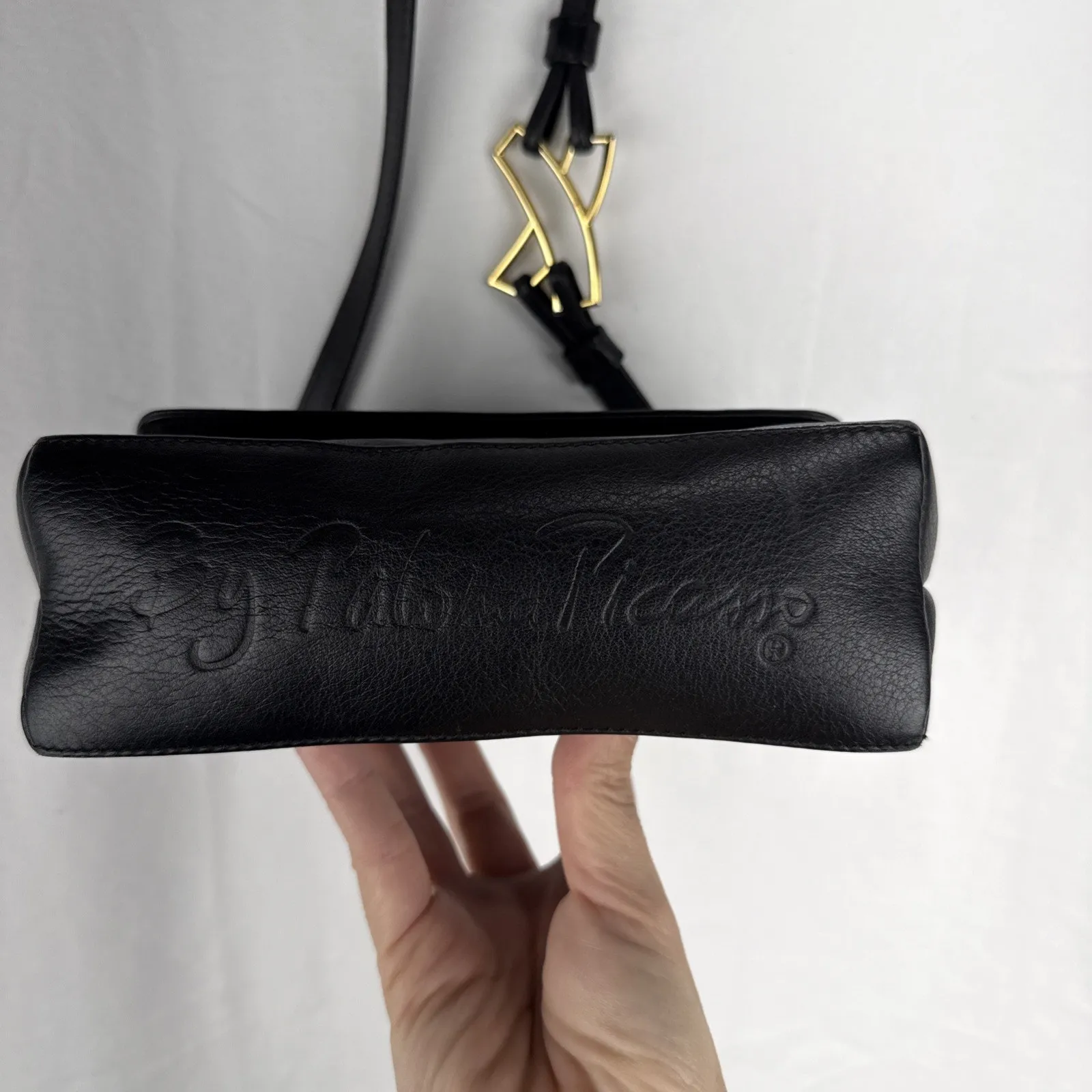 Vintage Paloma Picasso Black Leather Bag Gold Logo Hardware Designer Purse Italy - Image 7