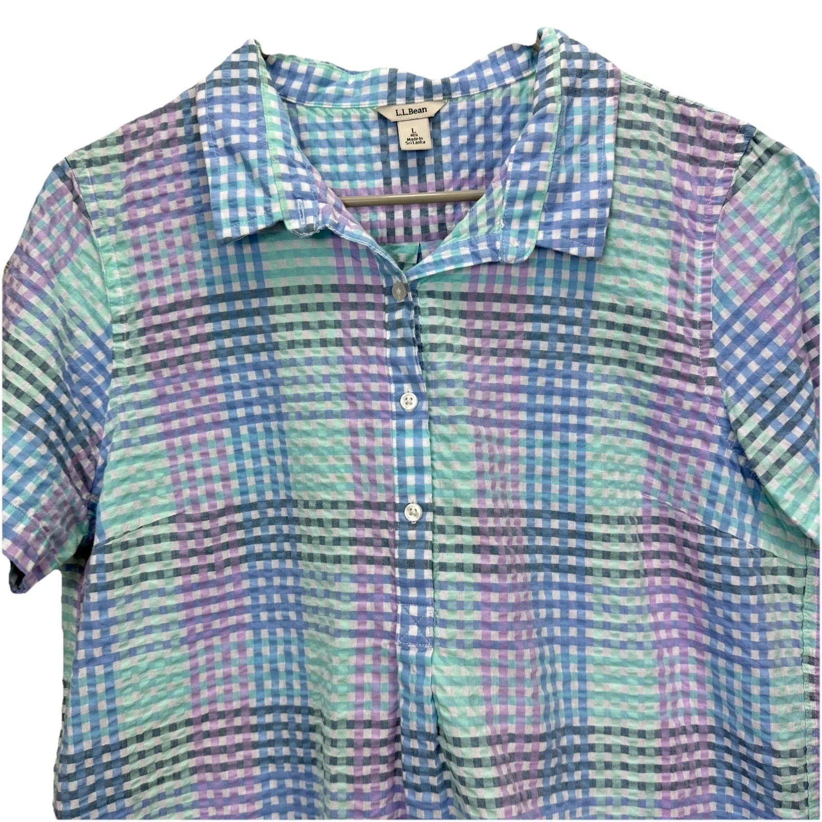 LL Bean Vacationland Seersucker Short Sleeve Popover Plaid Shirt Size LARGE - Image 3