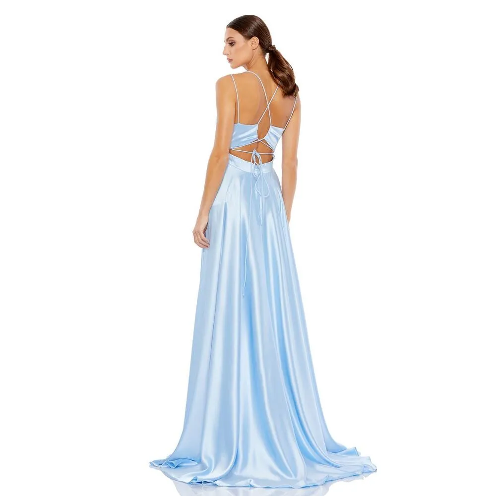 Ieena Mac Duggal Satin Strappy- Back High Slit Powder Blue Lace Up Back Gown 8 - Image 2
