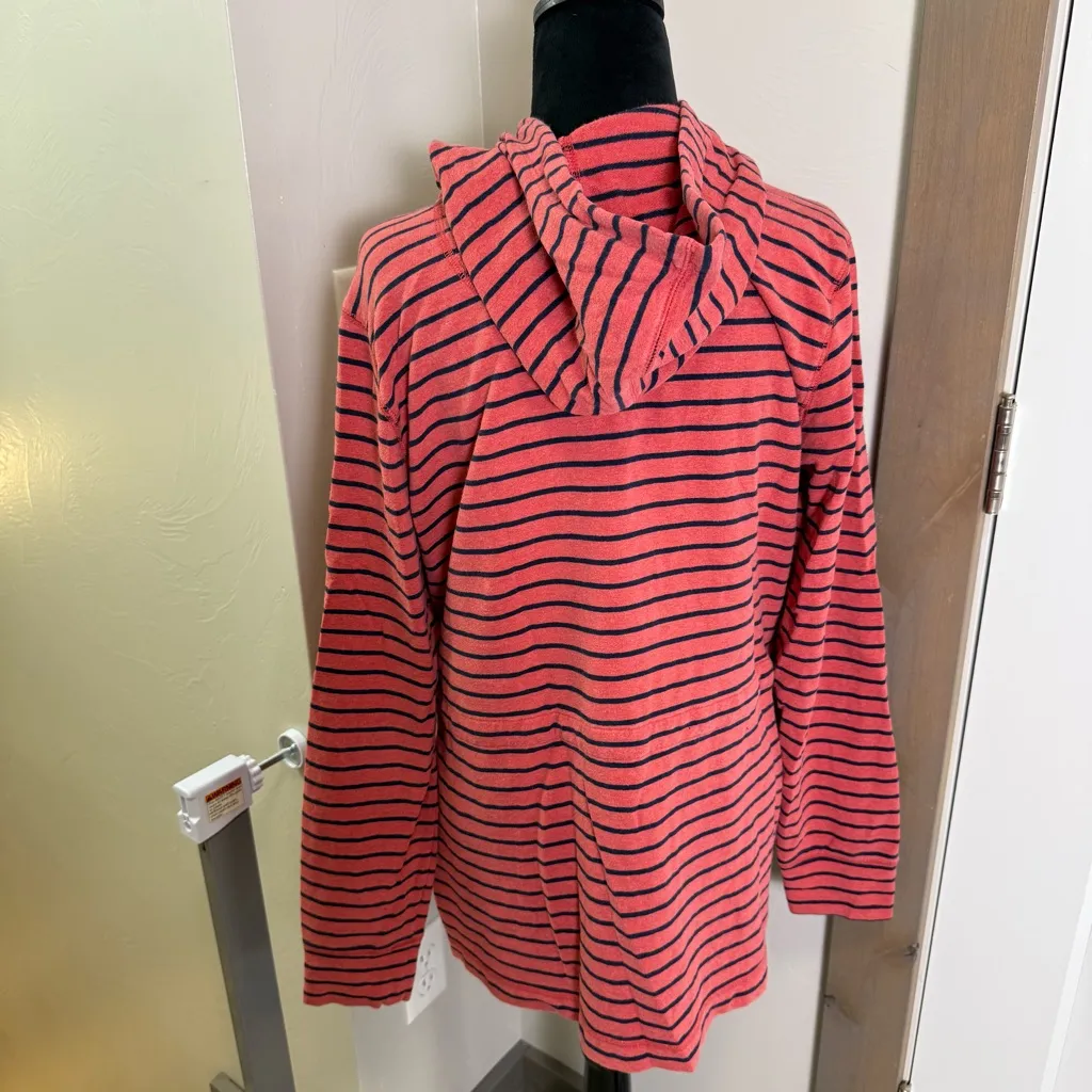 L.L. Bean Snap Down Sweatshirt Sweater Hoodie Coral Pink Navy Stripe Cotton M Size M - Image 4