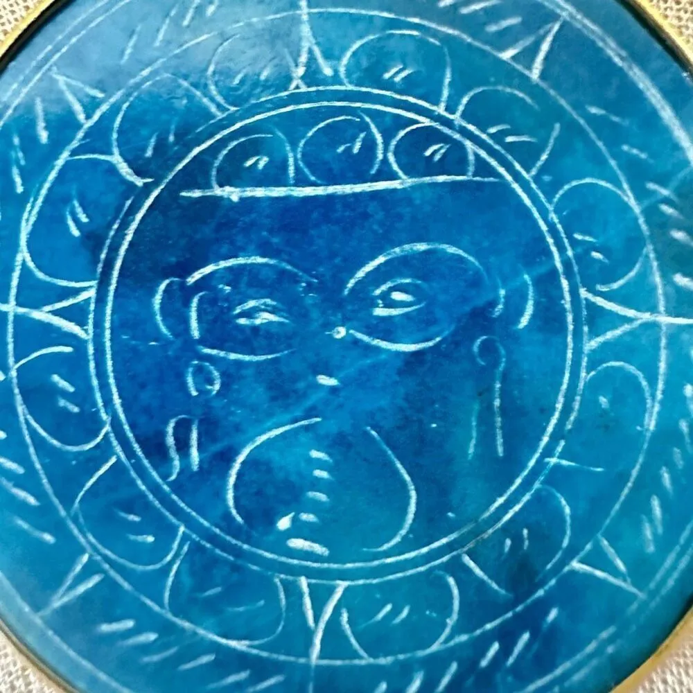 Vintage Carved AZTEC Sun Turquoise tone AGATE Stone Beaded Pendant Necklace Blue - Image 11