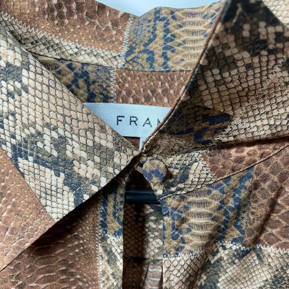 FRAME Willa Snakeskin Print Silk Crepe De Chine Blouse Sepia Multi Brown Large - Image 7