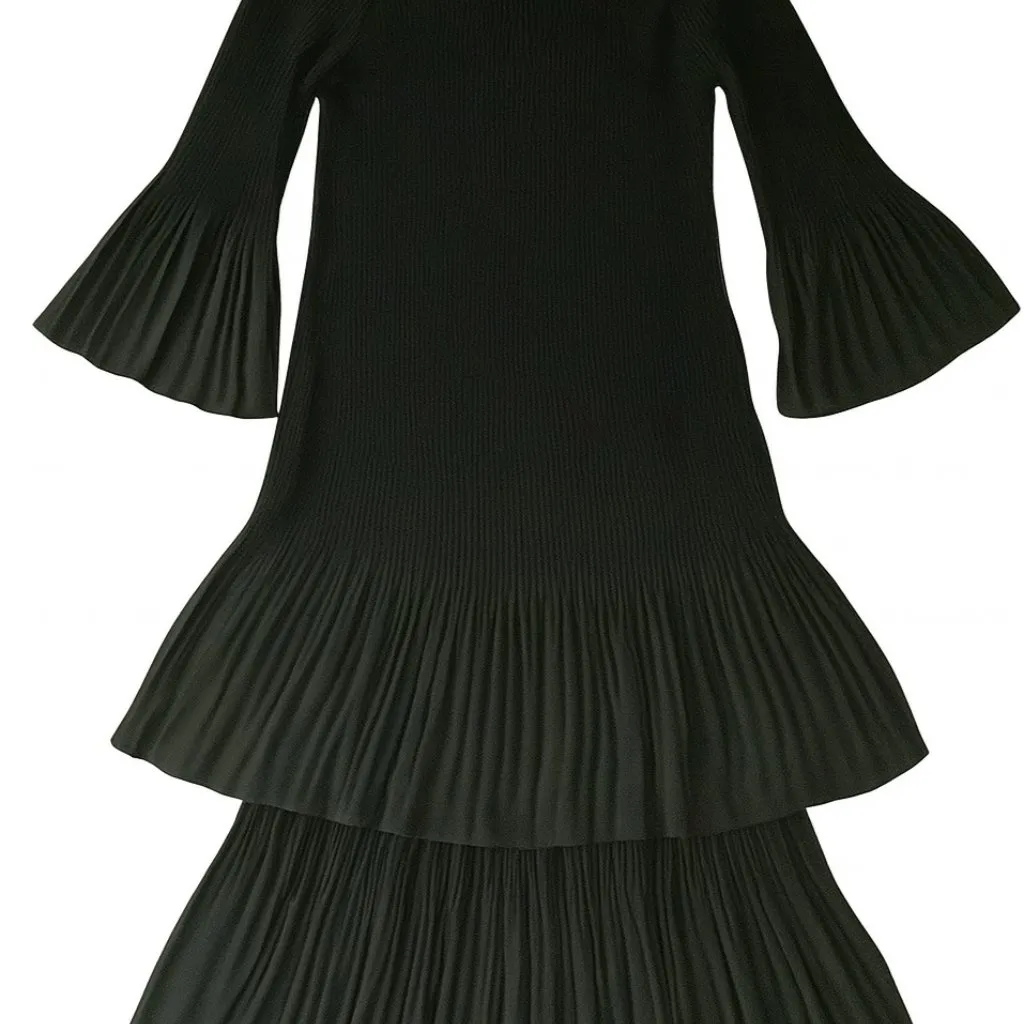 Adrienne Vittadini Black Tiered Midi Dress Pleated Bell Sleeves‎ Size 10 Ribbed - Image 16