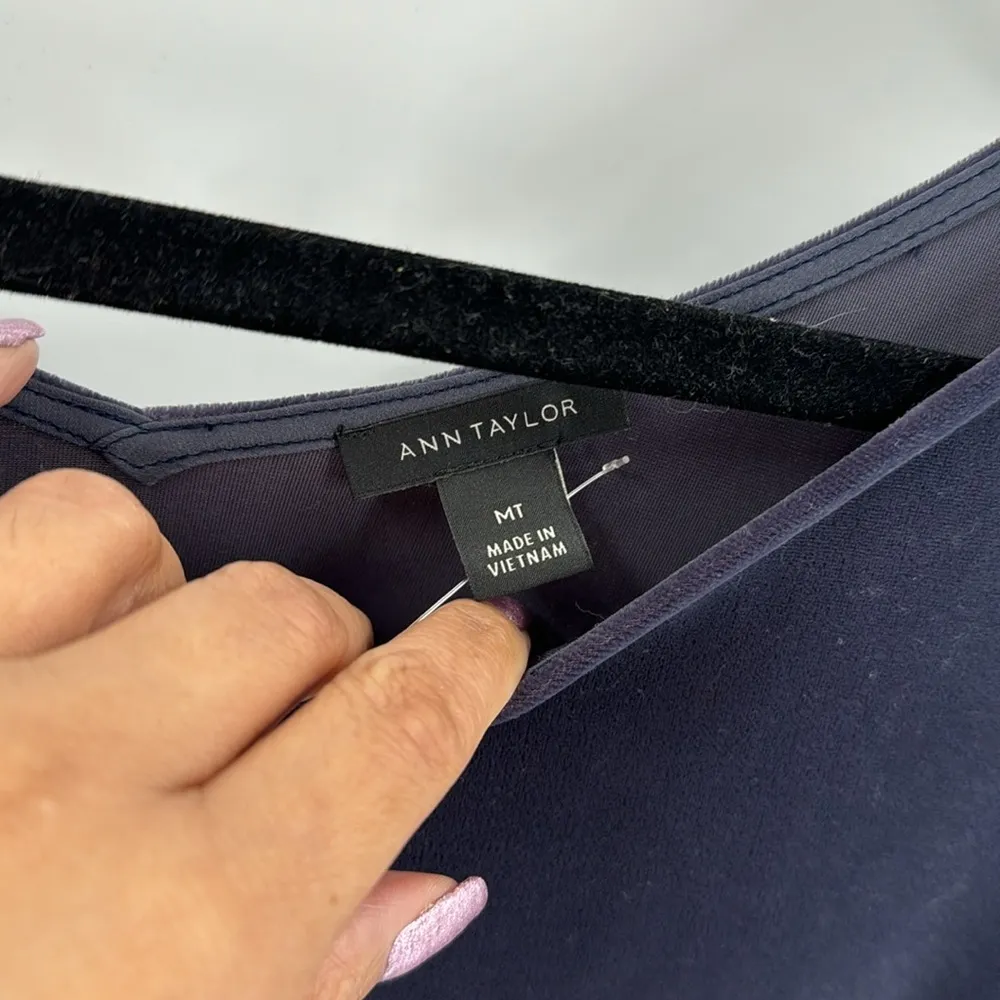 Ann Taylor Velvet gray purple Dress darting on chest bell sleeves semi formal - Image 2