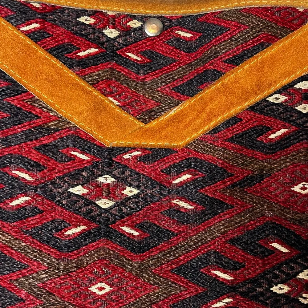 Vintage 90s Turkish Kilim Knit Leather Shoulder Bag Western Bohemian Southwest Tan - Image 7