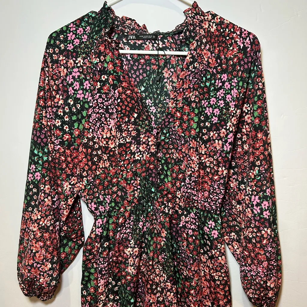 Zara Multicolor Floral Boho Long Puff Sleeve Jumpsuit XS - Image 3