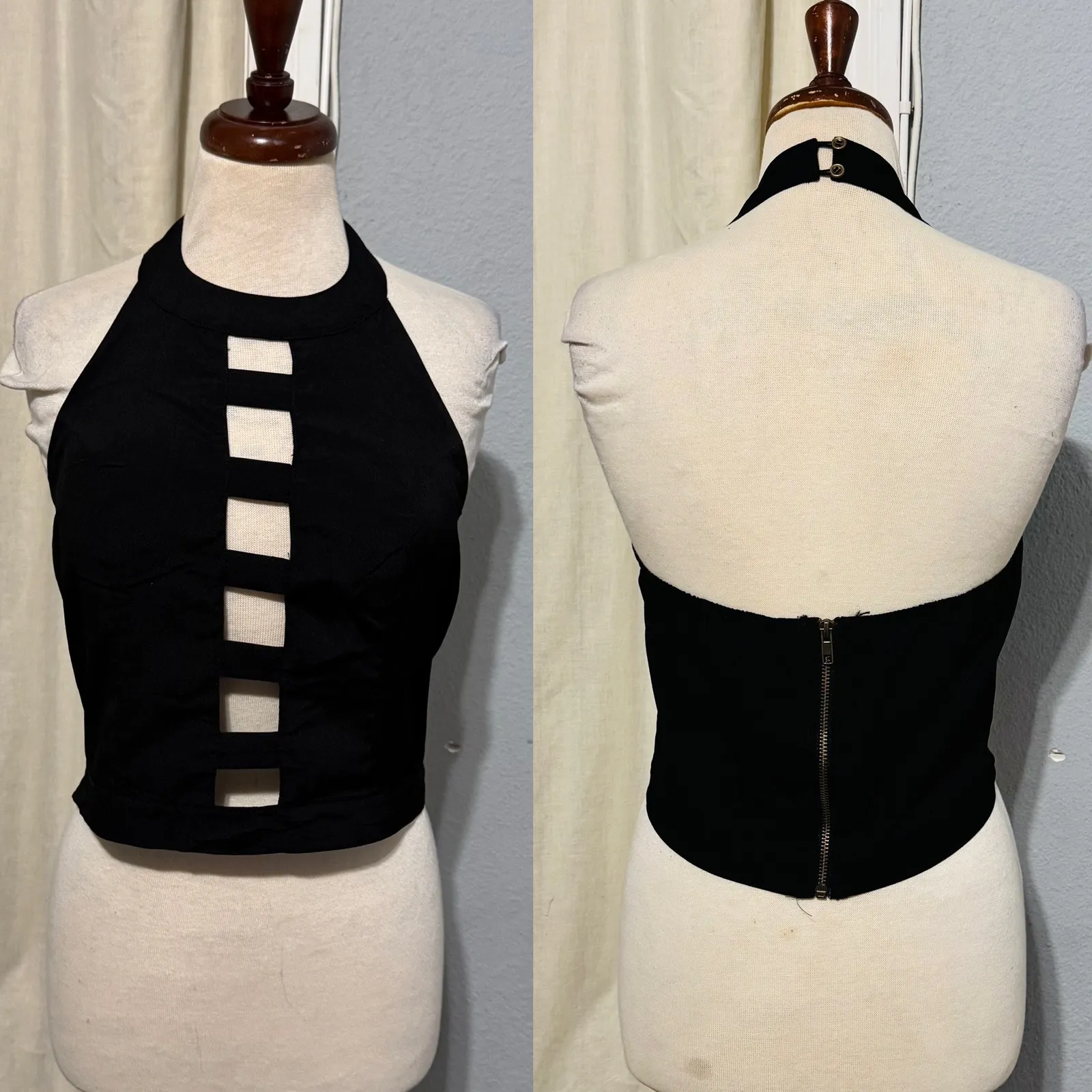 TOP CHIC Y2K Black Cutout Halter Crop Top Zipper Back Gothic Punk Women L Rock Size L - Image 2