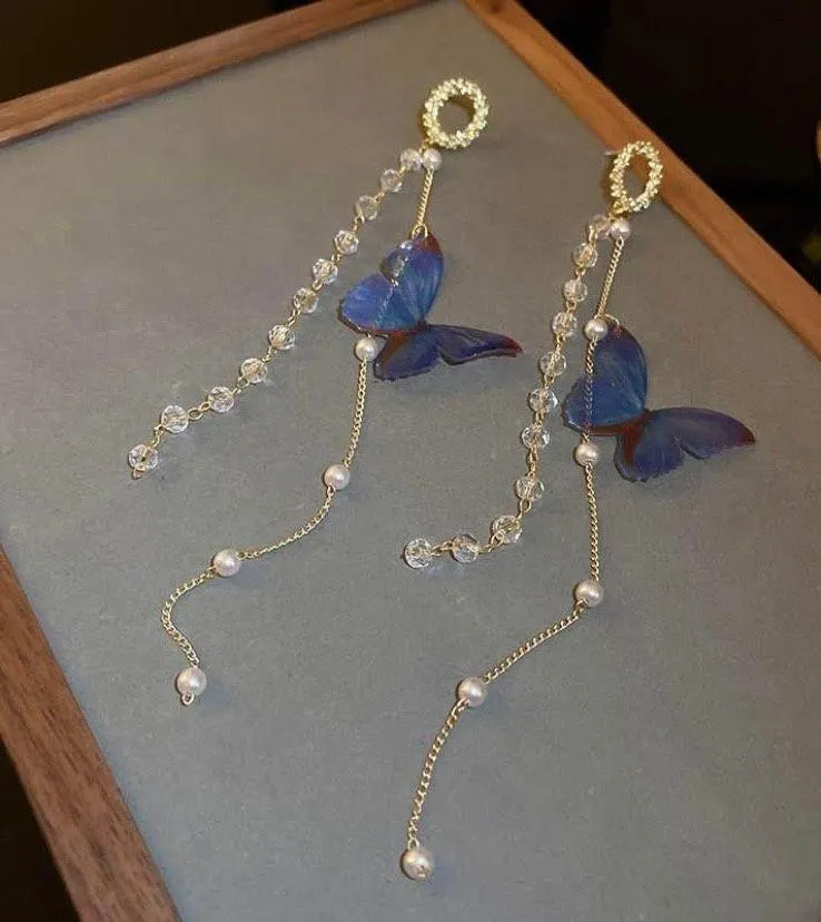 Crystal Butterfly Pearl Tassel Long Dangle Drop Earrings for Women Gold - Image 2