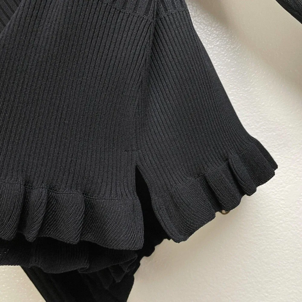 Exclusively Misook Cardigan Large Womens Black Tan Ribbed Ruffle Animal Print - Image 9