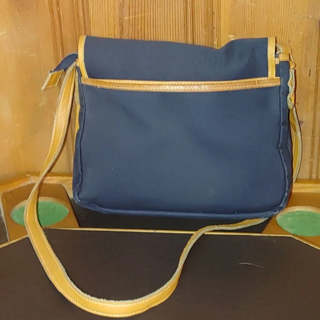 Vintage Duck Logo Crossbody Bag Purse Navy Tan Leather Travel Canvas Demin - Image 7