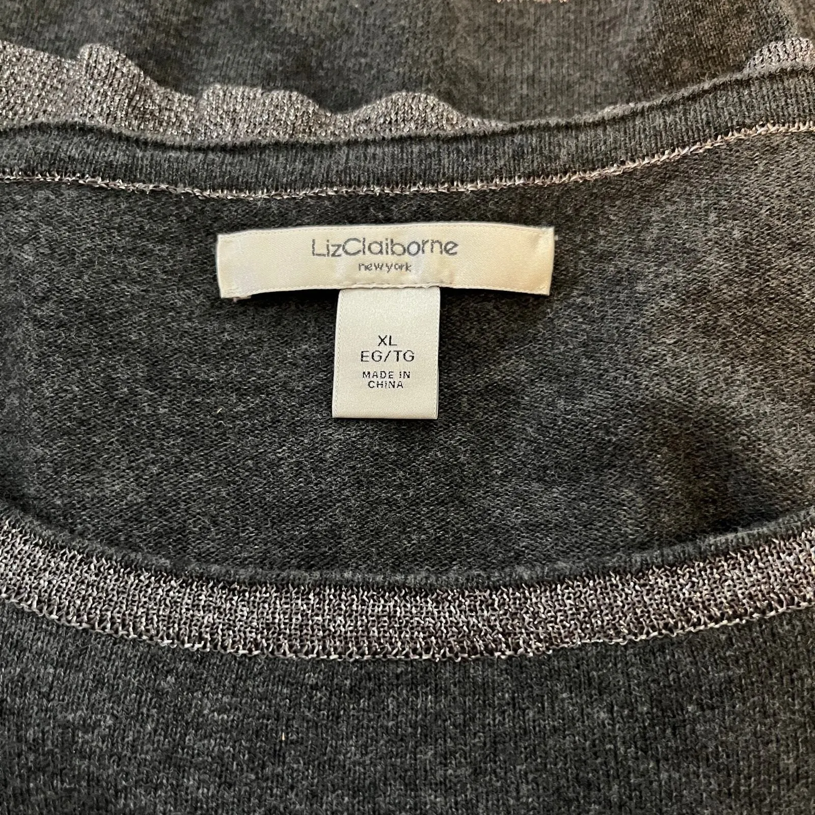Liz Claiborne XL Gray Sparkle Sweater Silver Trim‎ Y2K Classic Minimalist Chic - Image 6