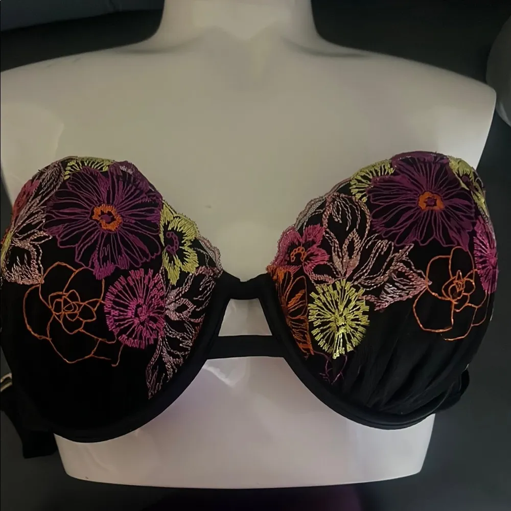 Floral Embroidered Black Floral Swimsuit Bikini Bra top Bandeau Large - Image 2