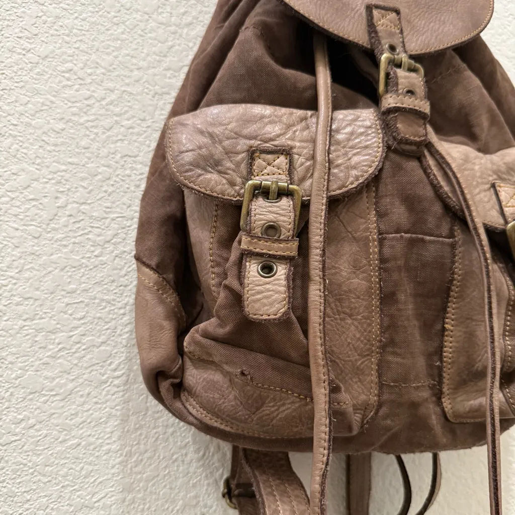 BAYSIDE Taupe Distressed Canvas & Leather Drawstring Slouchy Rucksack Backpack Brown - Image 11