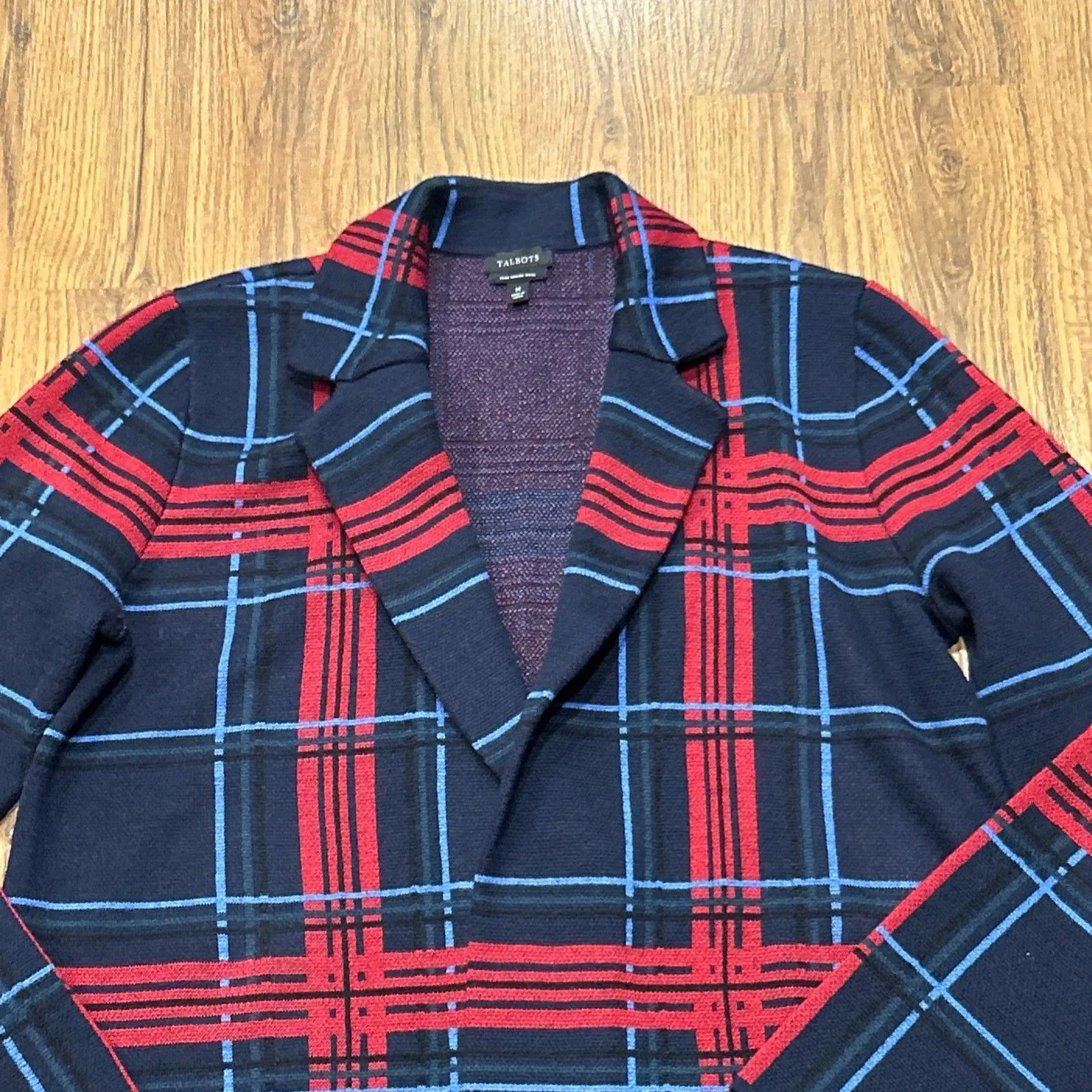 Talbots Sweater Cardigan Womens Medium Merino Wool Plaid Navy Red Career Office - Image 4