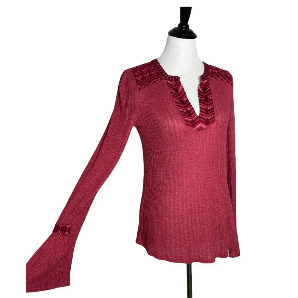 Lucky Brand Embroidered Top Womens XS Flare Sleeve‎ BOHO Festival Woven Blouse - Image 2