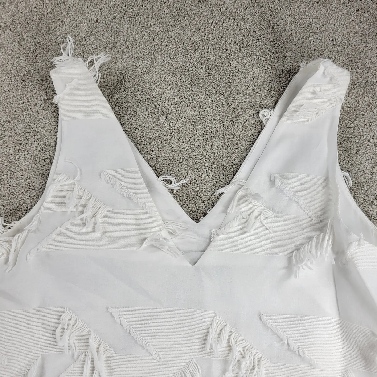 Anthropologie Maeve Womens Shift Dress 12 White Fringe Sleeveless V-Neck Mini - Image 3