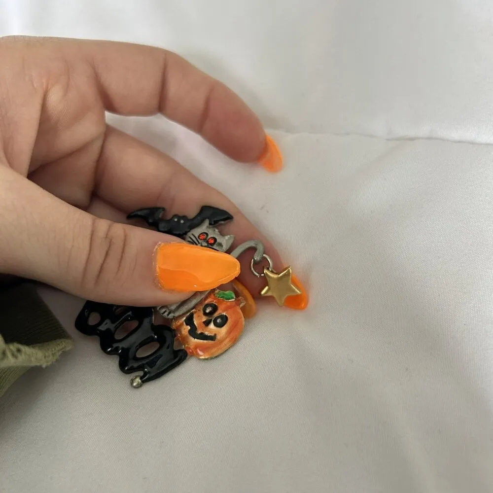 Vintage AJMC Large Halloween Cat Jack O Lantern Bat Boo Enamel Pewter Brooch Pin Silver - Image 2