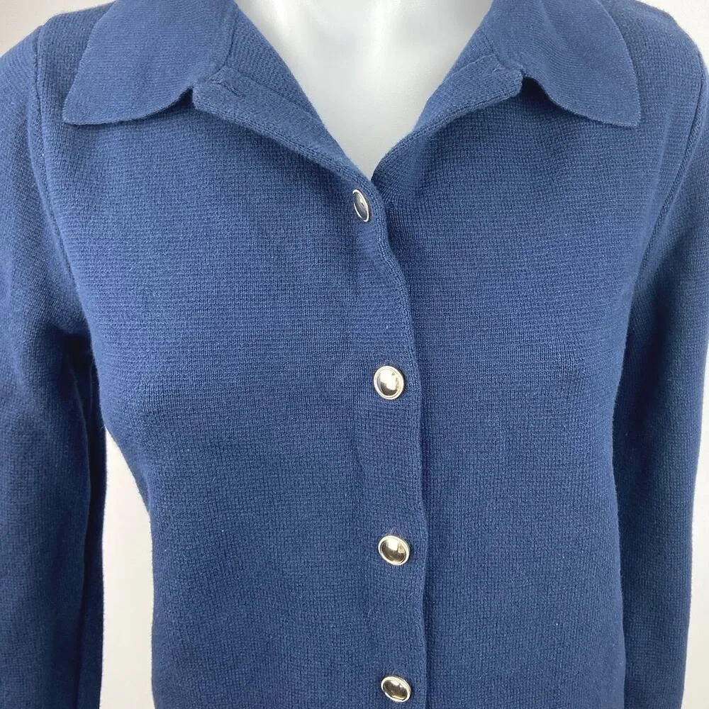 Charter Club Blue Cotton Knit Collared Button Up Cardigan Sweater Top Size M - Image 4