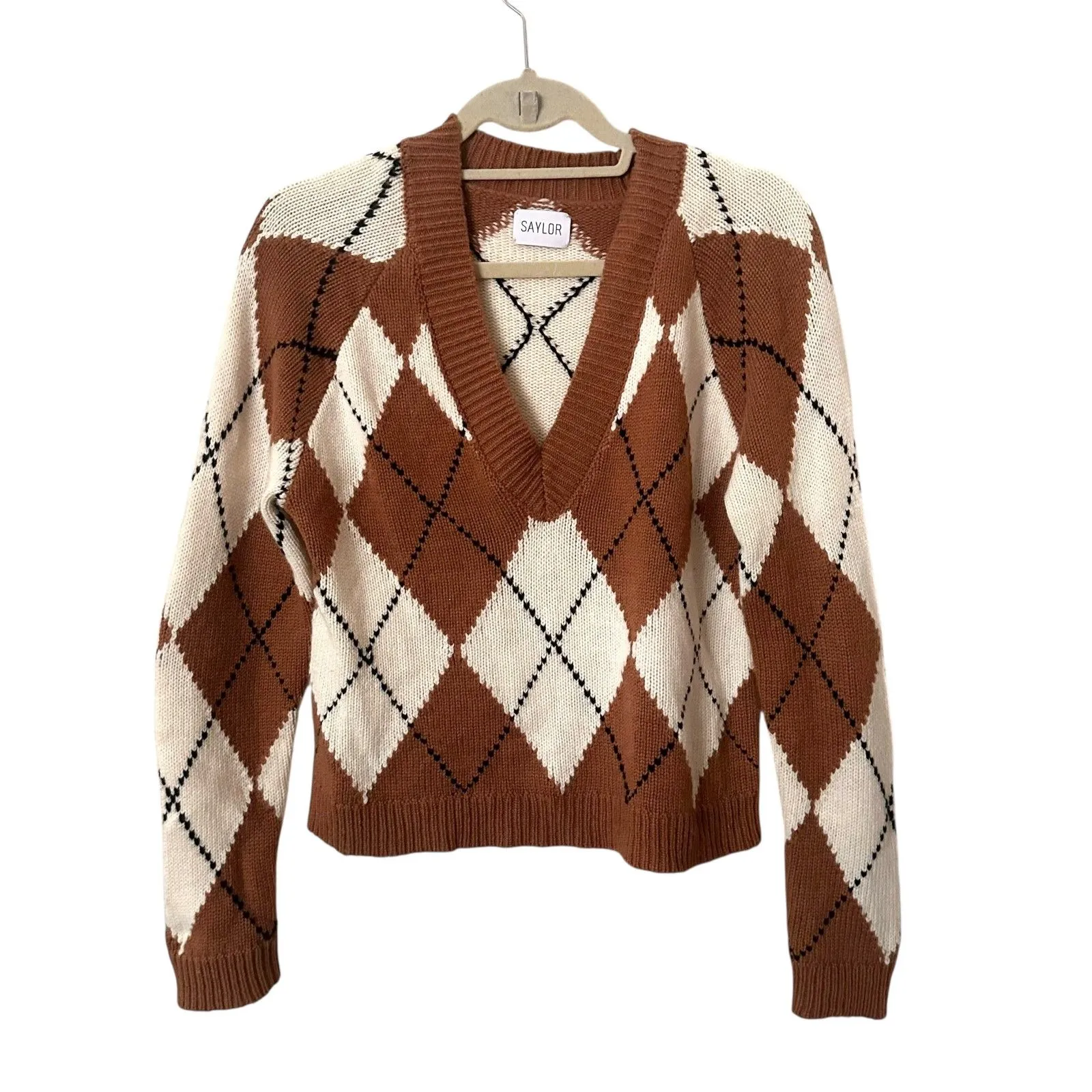 SAYLOR Argyle Printed V-Neck Sweater Brown‎ White Medium - Image 2